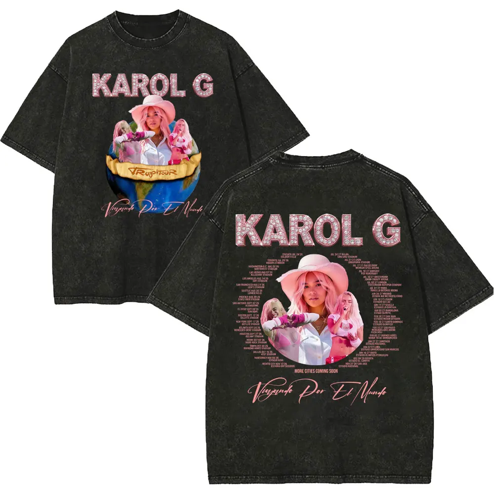 Vintage Washed Karol G Tropicoqueta Tour 2026 T-shirts Men Women Fashion Pop Music T Shirt Summer Casual Loose Cotton T-shirt