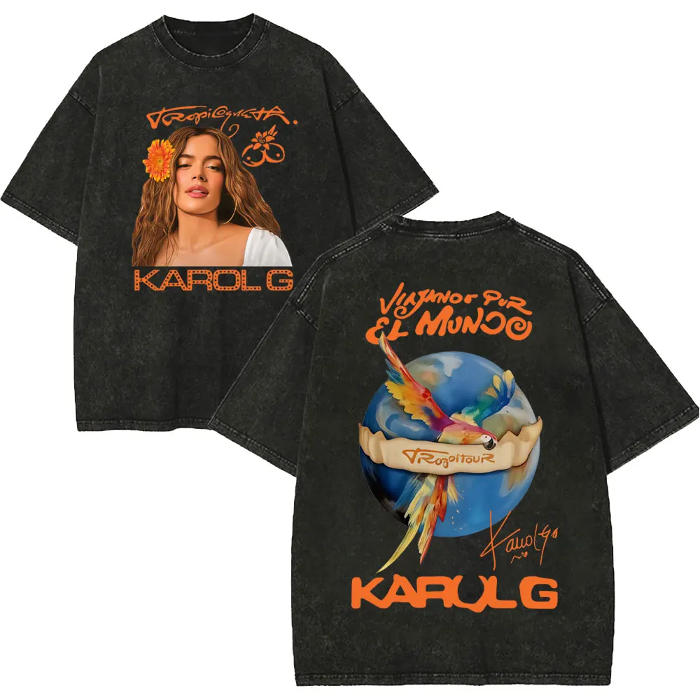 Vintage Washed Karol G Tropicoqueta Tour 2026 T-shirts Men Women Fashion Pop Music T Shirt Summer Casual Loose Cotton T-shirt