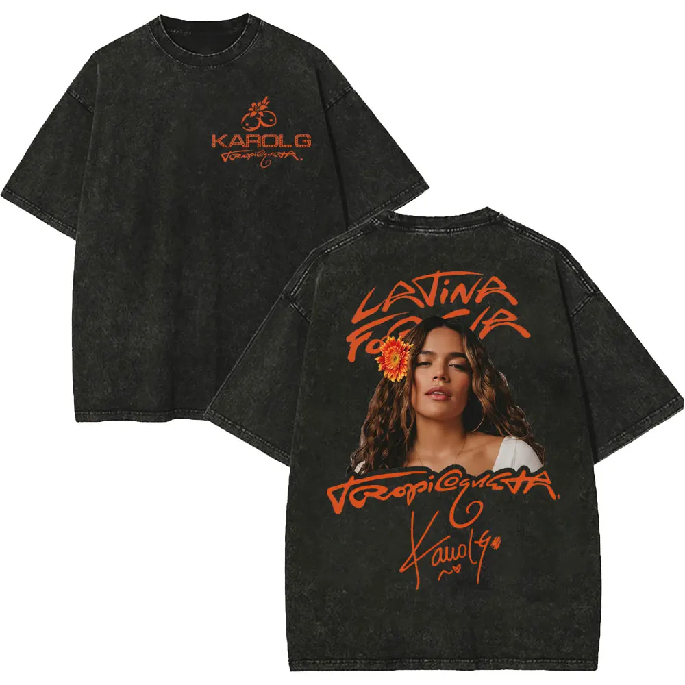 Vintage Washed Karol G Tropicoqueta Tour 2026 T-shirts Men Women Fashion Pop Music T Shirt Summer Casual Loose Cotton T-shirt