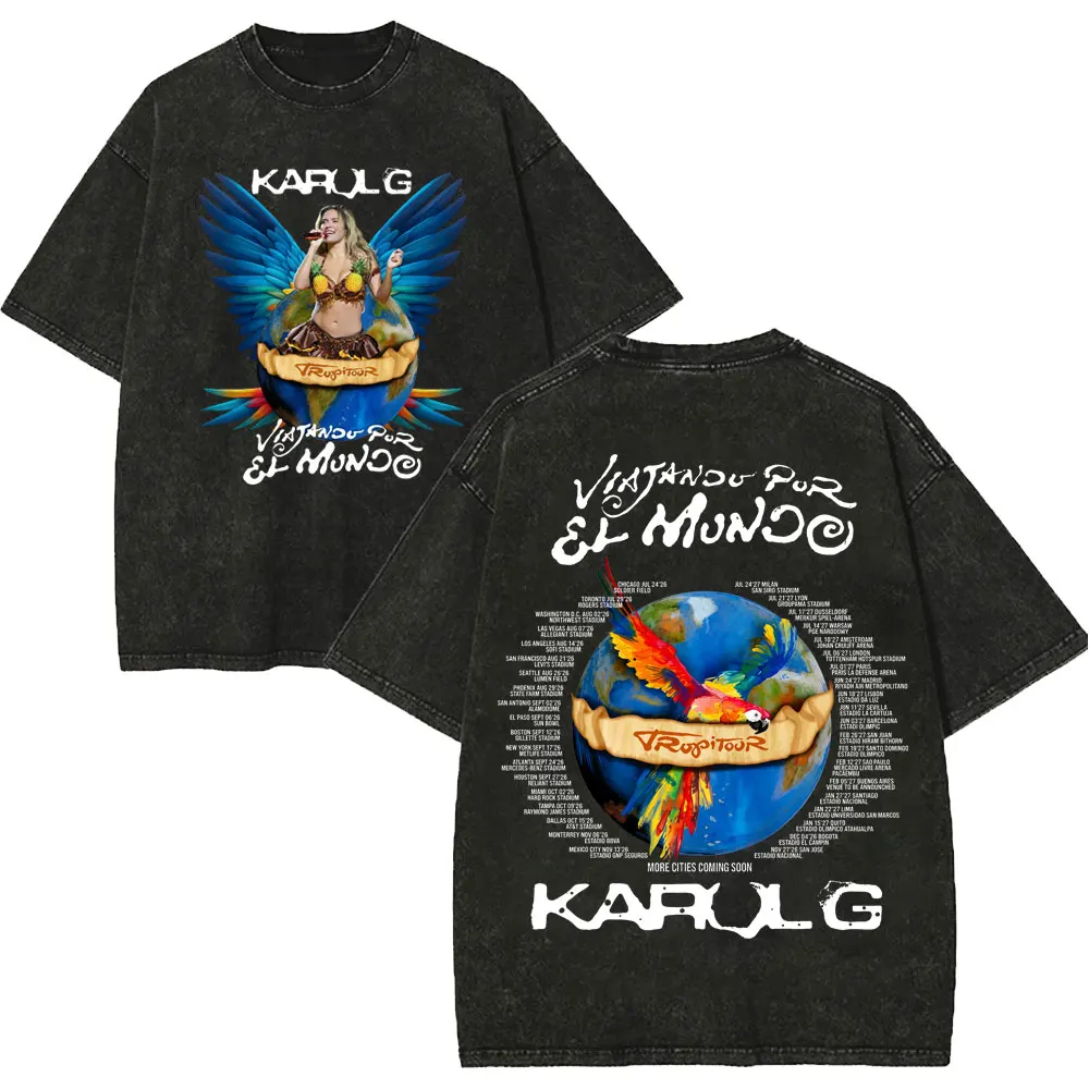 Vintage Washed Karol G Tropicoqueta Tour 2026 T-shirts Men Women Fashion Pop Music T Shirt Summer Casual Loose Cotton T-shirt