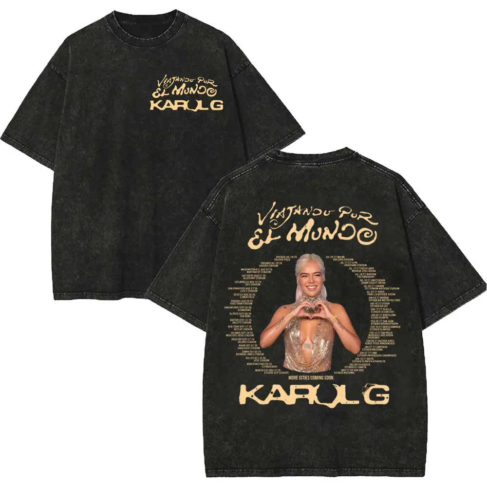 Vintage Washed Karol G Tropicoqueta Tour 2026 T-shirts Men Women Fashion Pop Music T Shirt Summer Casual Loose Cotton T-shirt