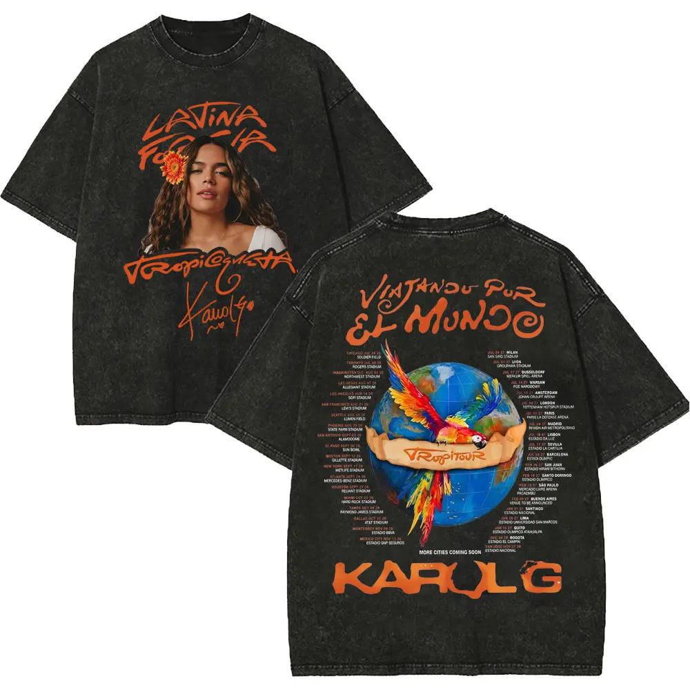 Vintage Washed Karol G Tropicoqueta Tour 2026 T-shirts Men Women Fashion Pop Music T Shirt Summer Casual Loose Cotton T-shirt