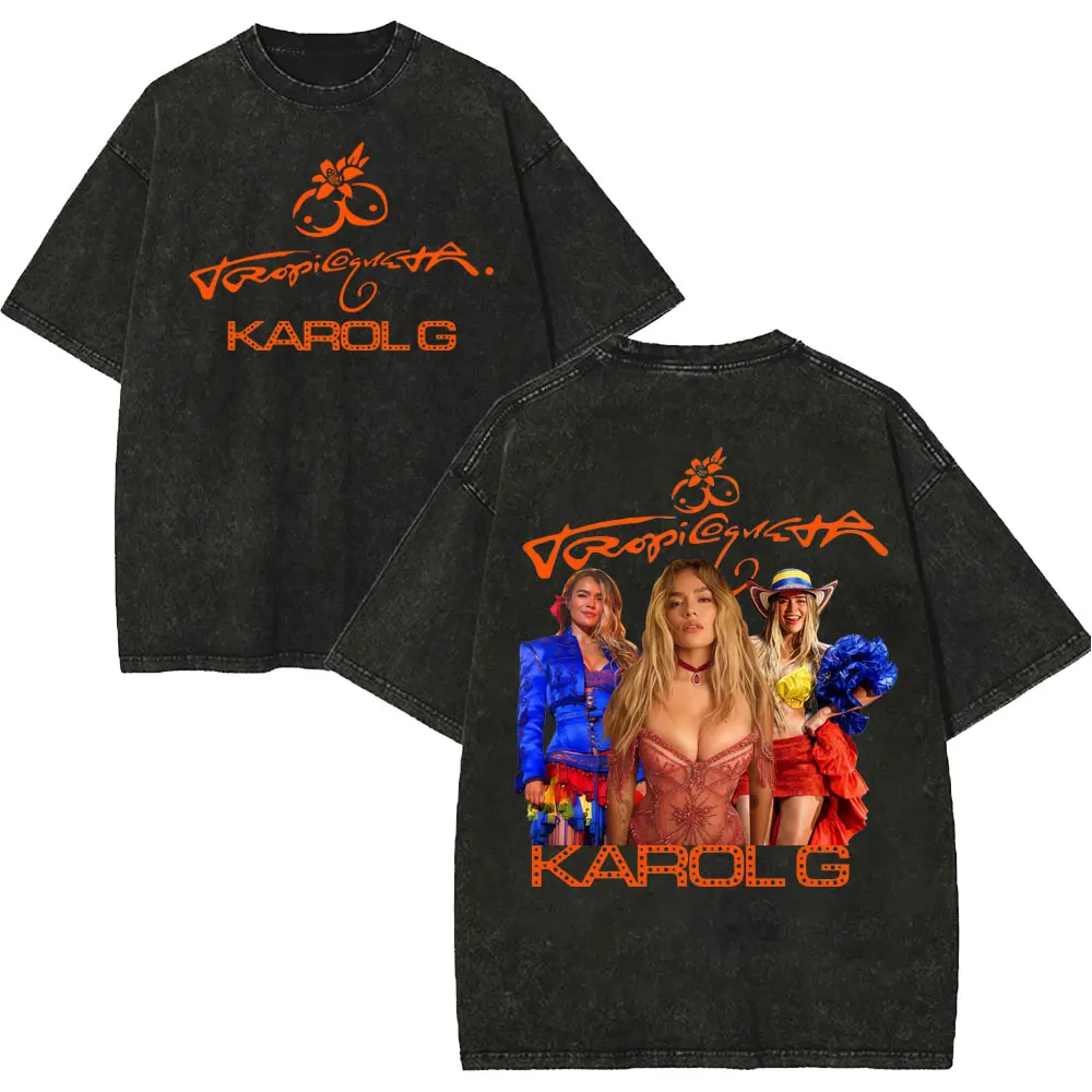 Vintage Washed Karol G Tropicoqueta Tour 2026 T-shirts Men Women Fashion Pop Music T Shirt Summer Casual Loose Cotton T-shirt
