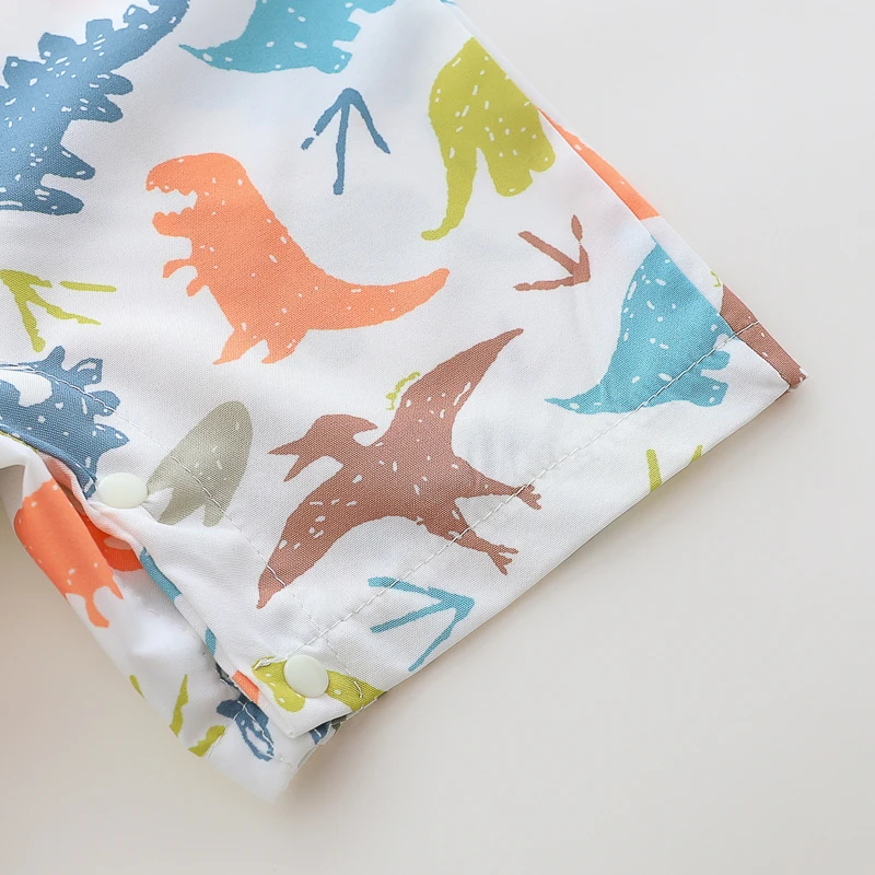 Summer Cartoon Dinosaur Full-Print Turtleneck Romper for Male Infants with Hat - Soft Cotton Unisex Baby Outfit
