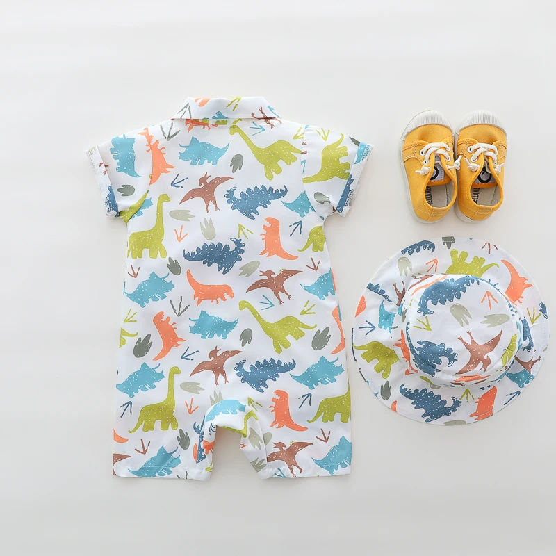 Summer Cartoon Dinosaur Full-Print Turtleneck Romper for Male Infants with Hat - Soft Cotton Unisex Baby Outfit