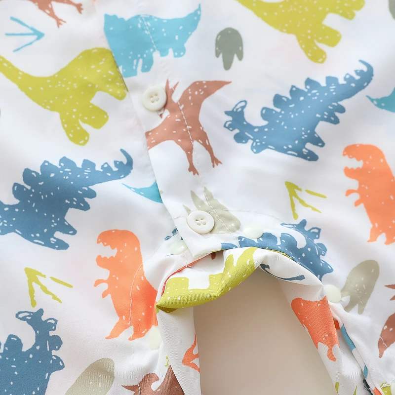 Summer Cartoon Dinosaur Full-Print Turtleneck Romper for Male Infants with Hat - Soft Cotton Unisex Baby Outfit