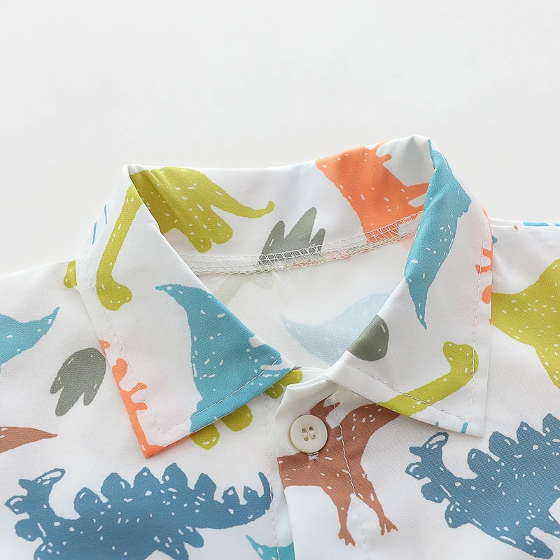 Summer Cartoon Dinosaur Full-Print Turtleneck Romper for Male Infants with Hat - Soft Cotton Unisex Baby Outfit