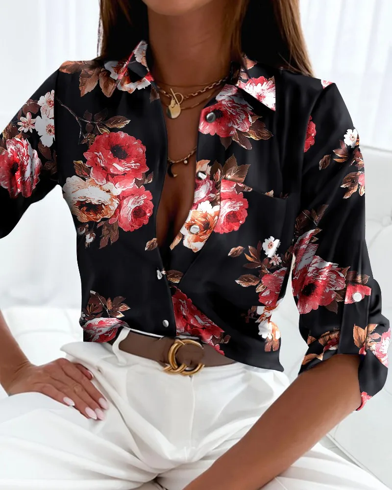 Women's Long Sleeve Button Down Blouse with Geometric Print, Casual Loose Fit Shirt Top for Office or Daily Wear