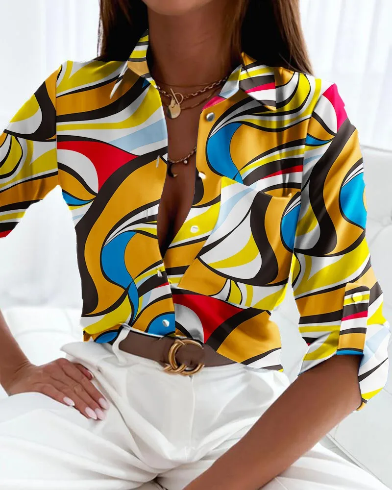 Women's Long Sleeve Button Down Blouse with Geometric Print, Casual Loose Fit Shirt Top for Office or Daily Wear