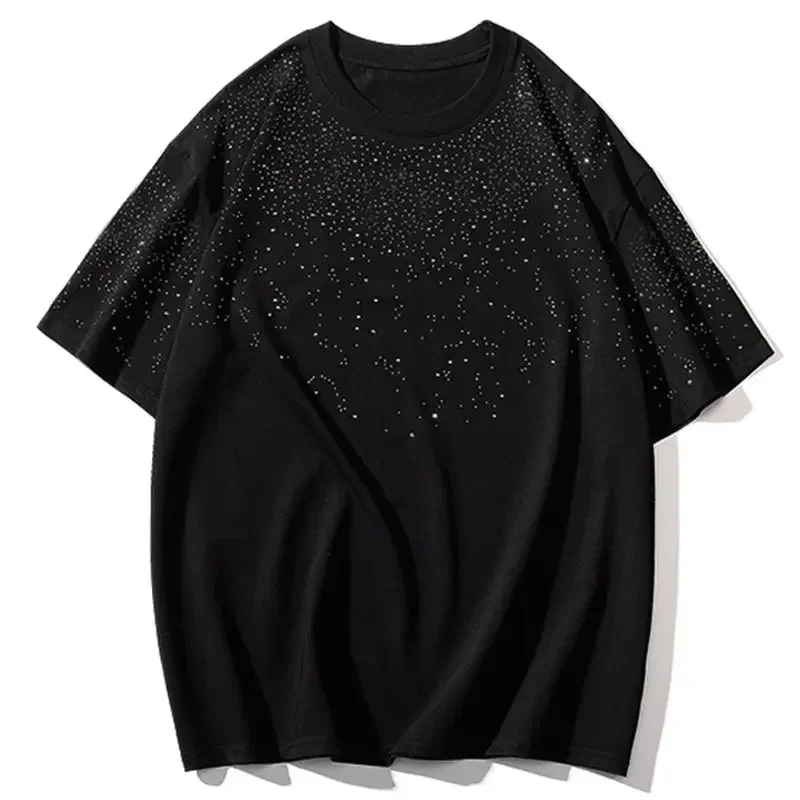 Summer Rhinestone Rivet T-shirt for Men Clothing Round Neck Casual T-shirt Fashion High Street Men's Summer Short Sleeves