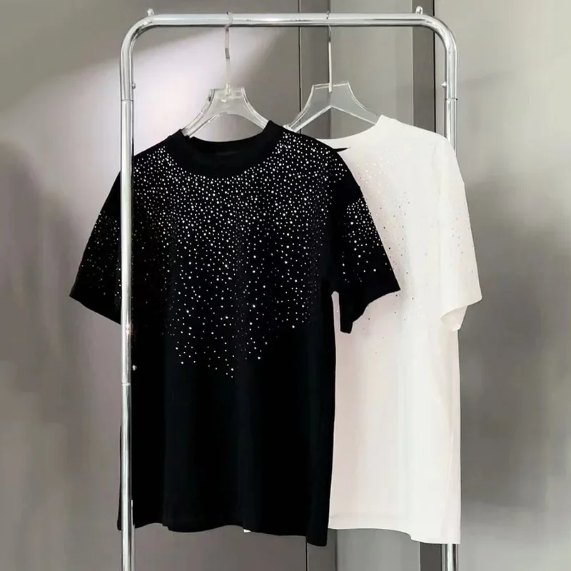 Summer Rhinestone Rivet T-shirt for Men Clothing Round Neck Casual T-shirt Fashion High Street Men's Summer Short Sleeves