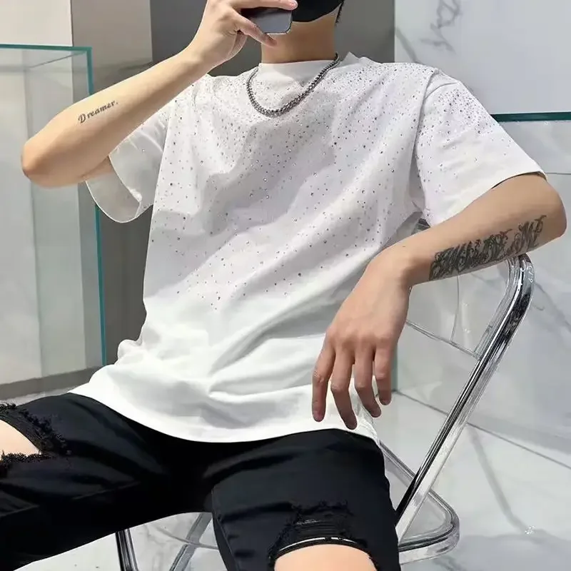 Summer Rhinestone Rivet T-shirt for Men Clothing Round Neck Casual T-shirt Fashion High Street Men's Summer Short Sleeves