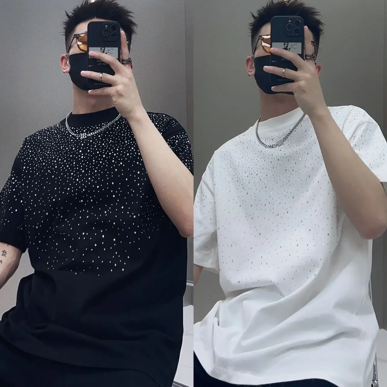 Summer Rhinestone Rivet T-shirt for Men Clothing Round Neck Casual T-shirt Fashion High Street Men's Summer Short Sleeves