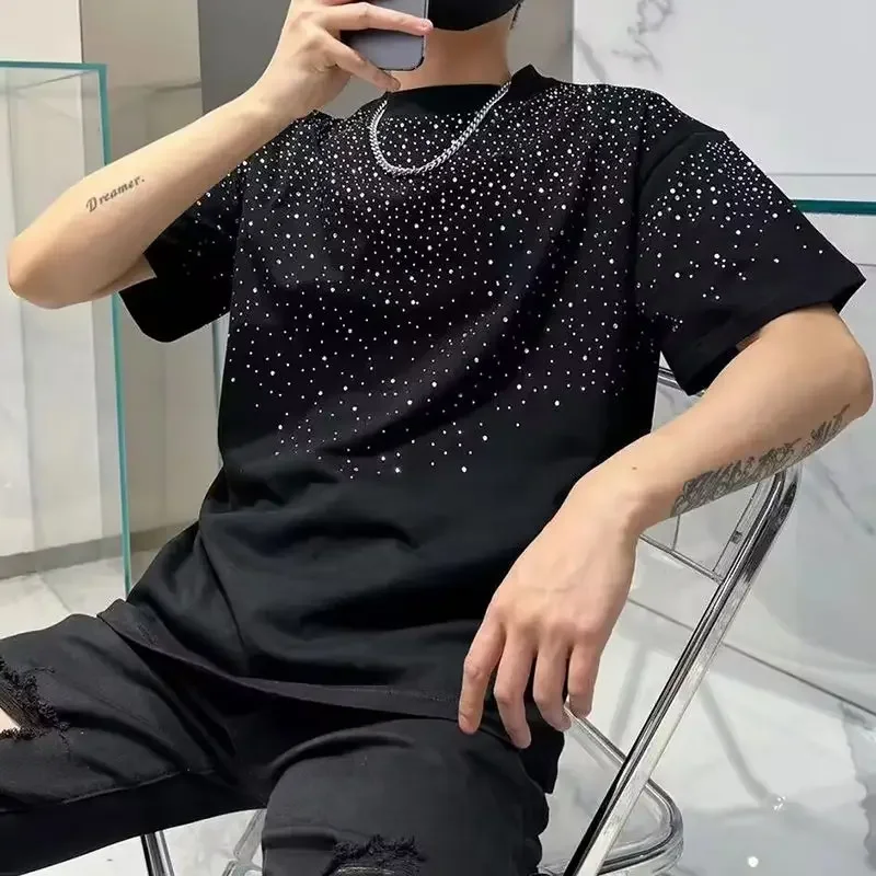 Summer Rhinestone Rivet T-shirt for Men Clothing Round Neck Casual T-shirt Fashion High Street Men's Summer Short Sleeves
