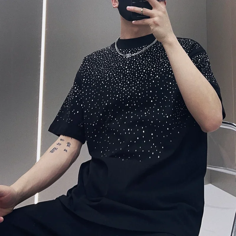 Summer Rhinestone Rivet T-shirt for Men Clothing Round Neck Casual T-shirt Fashion High Street Men's Summer Short Sleeves
