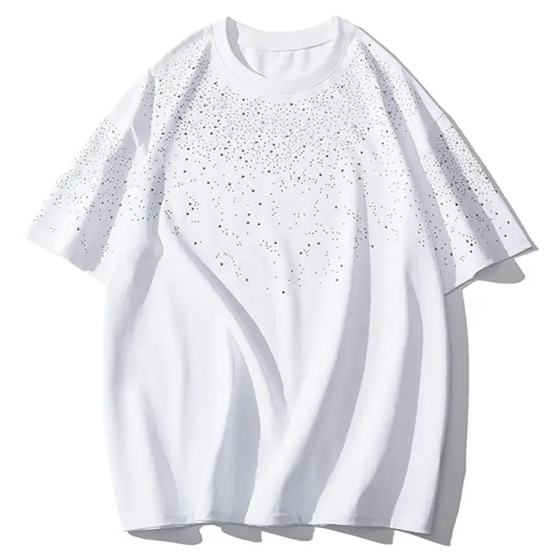 Summer Rhinestone Rivet T-shirt for Men Clothing Round Neck Casual T-shirt Fashion High Street Men's Summer Short Sleeves