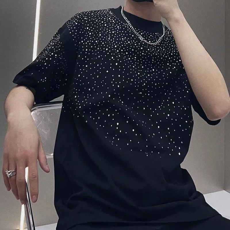 Summer Rhinestone Rivet T-shirt for Men Clothing Round Neck Casual T-shirt Fashion High Street Men's Summer Short Sleeves