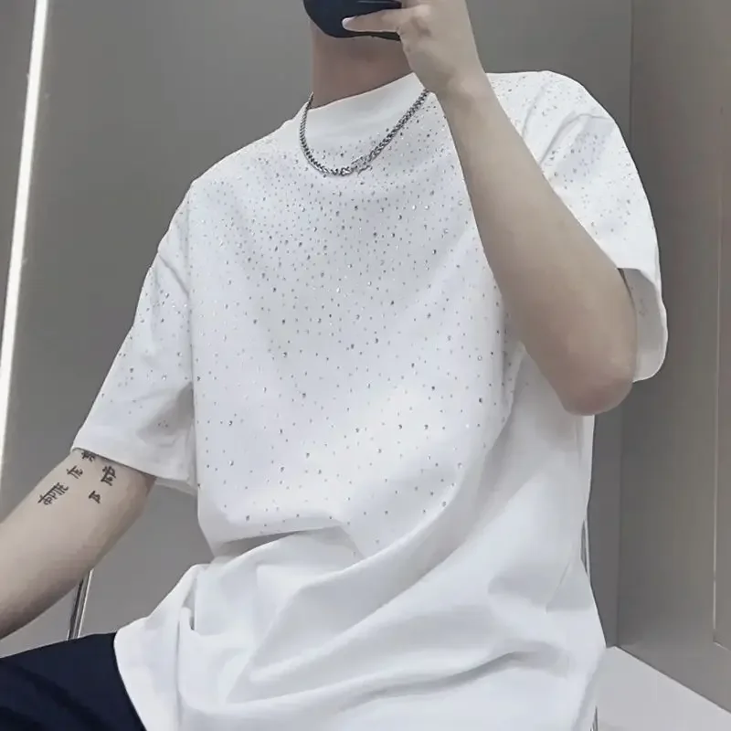 Summer Rhinestone Rivet T-shirt for Men Clothing Round Neck Casual T-shirt Fashion High Street Men's Summer Short Sleeves