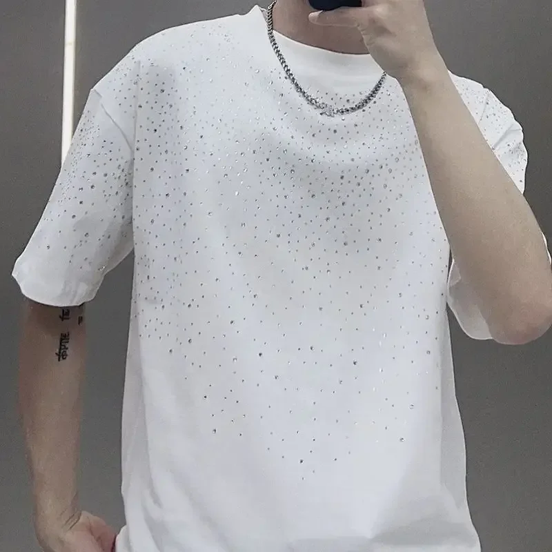 Summer Rhinestone Rivet T-shirt for Men Clothing Round Neck Casual T-shirt Fashion High Street Men's Summer Short Sleeves