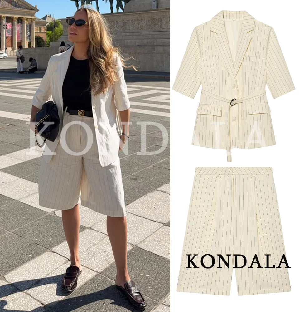 KONDALA Women Office Lady Striped Blazer Set Belt Blazer Pocket Shorts New Fashion 2026 Spring Summer Holiday Casual Shorts Set