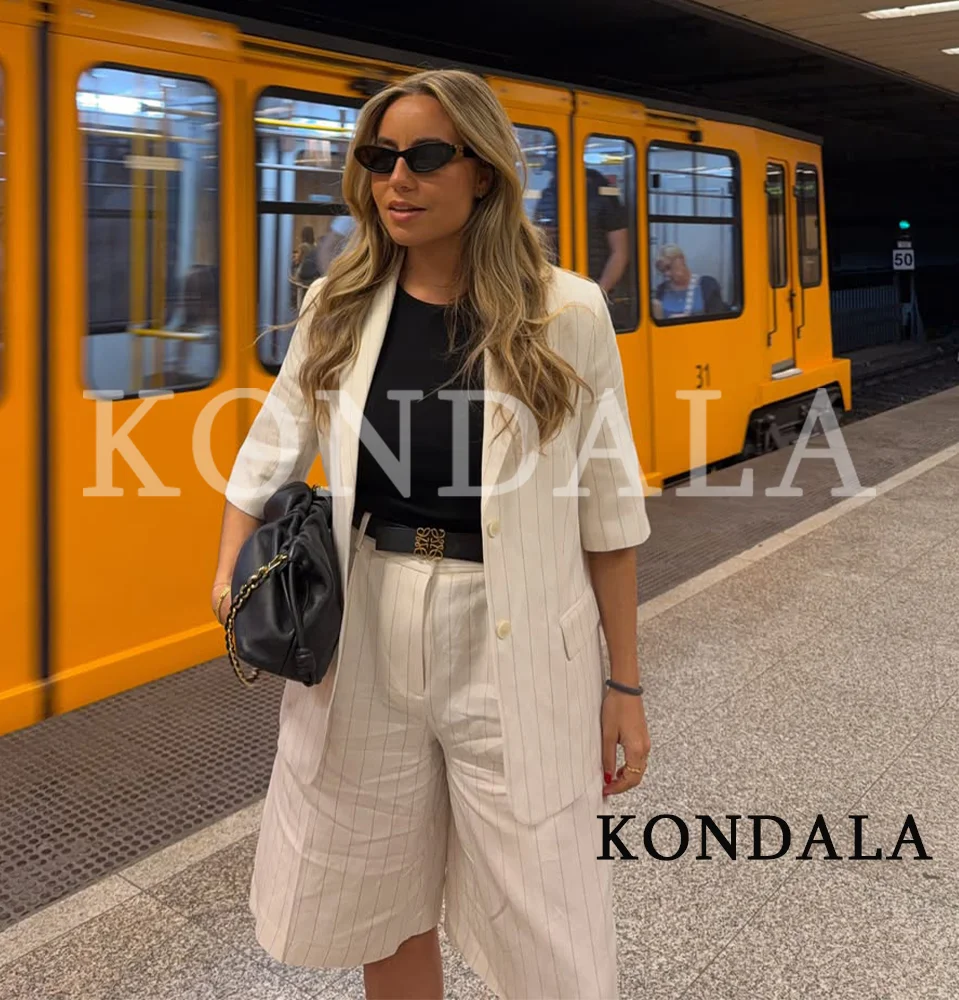 KONDALA Women Office Lady Striped Blazer Set Belt Blazer Pocket Shorts New Fashion 2026 Spring Summer Holiday Casual Shorts Set
