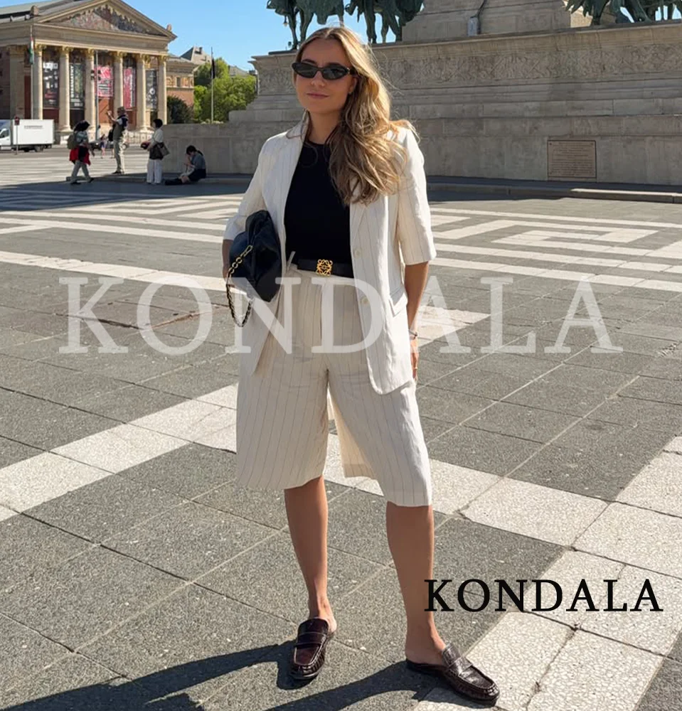 KONDALA Women Office Lady Striped Blazer Set Belt Blazer Pocket Shorts New Fashion 2026 Spring Summer Holiday Casual Shorts Set