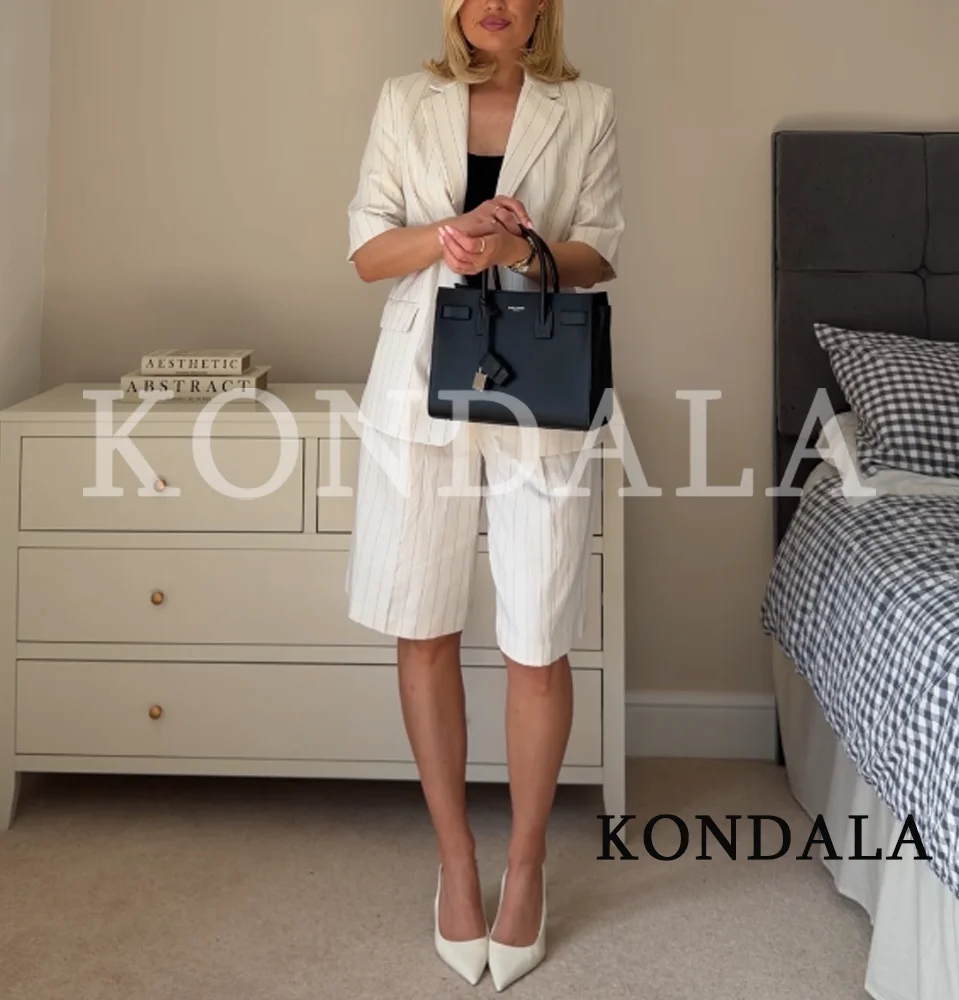 KONDALA Women Office Lady Striped Blazer Set Belt Blazer Pocket Shorts New Fashion 2026 Spring Summer Holiday Casual Shorts Set