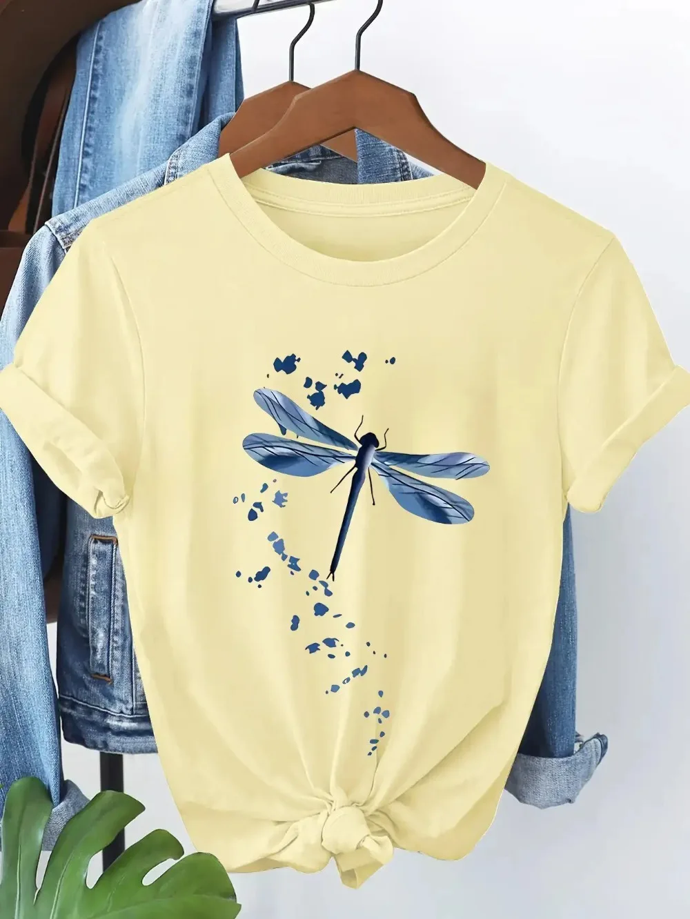 Women's Casual Short Sleeve T-Shirt Dragonfly and Floral Print Pure Round Neck Top Artistic Design Casual Trend Relaxed Chic