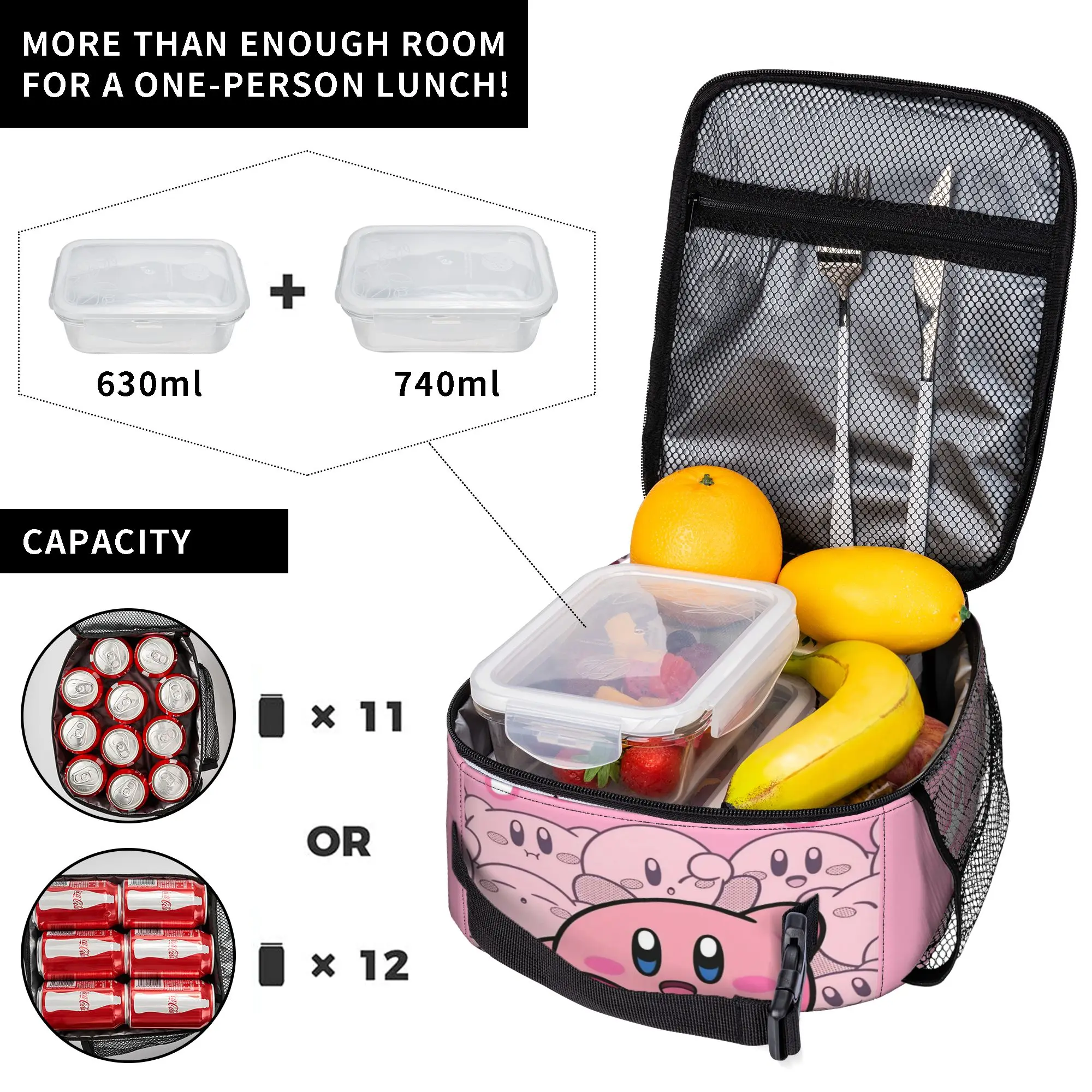 pink kirbys funny game Thermal Insulated Lunch Bag for Picnic Portable Bento Box Men Women Cooler Thermal Lunch Boxes