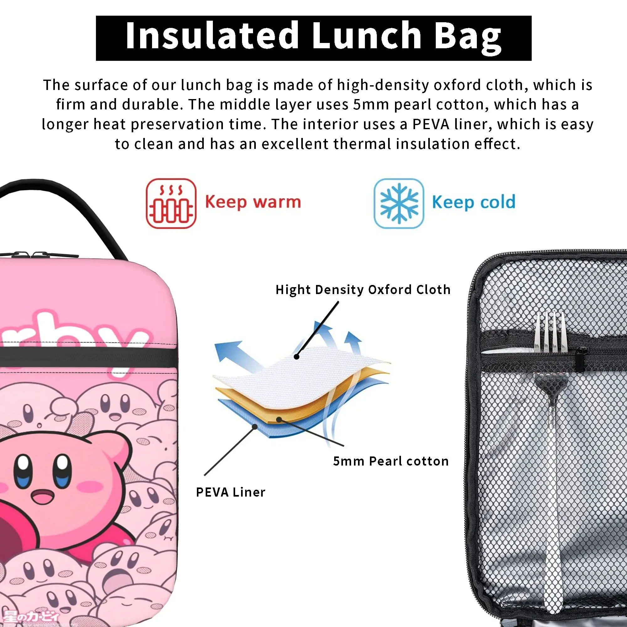 pink kirbys funny game Thermal Insulated Lunch Bag for Picnic Portable Bento Box Men Women Cooler Thermal Lunch Boxes