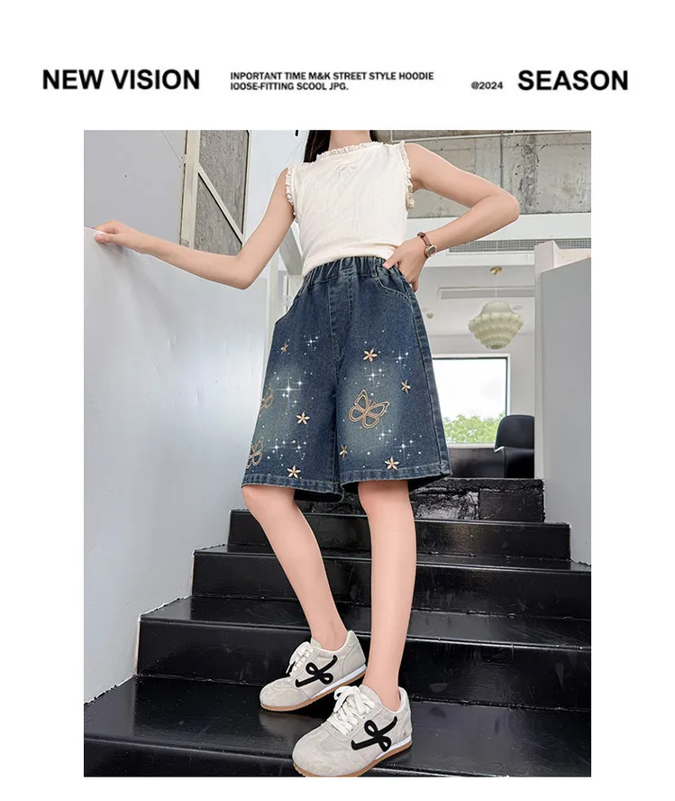 2026 New Summer Girls Shorts Jeans Fashion Embroidery Short Denim Pants For Kids Clothes Children Cotton Trousers