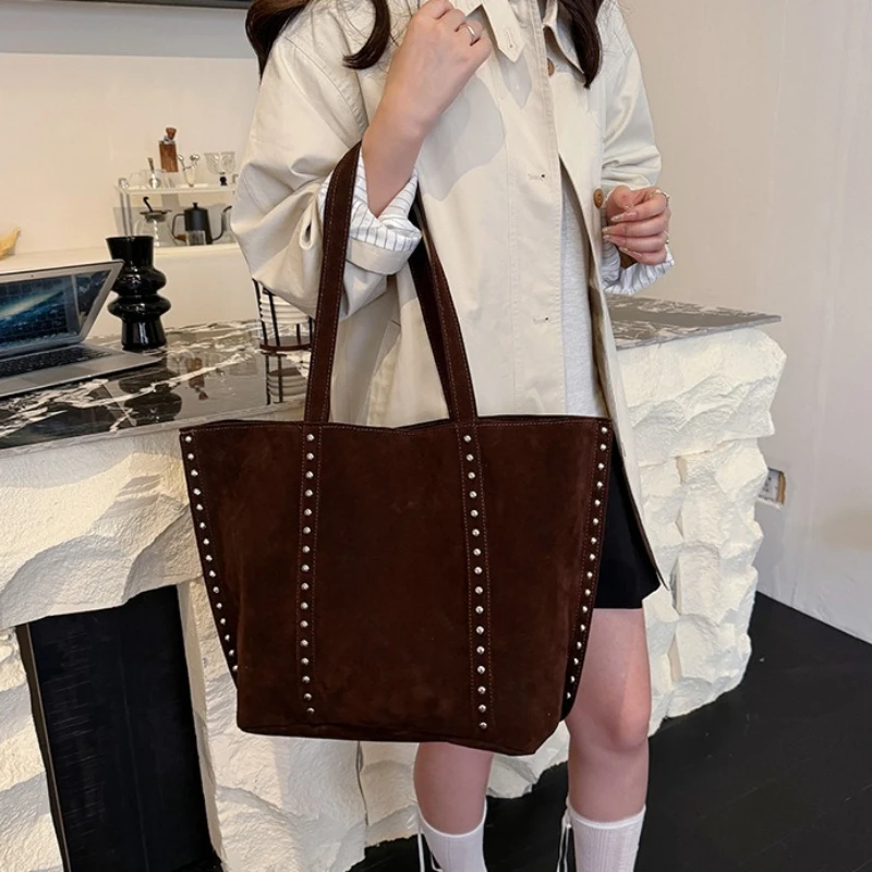 Trendy Large Capacity Suede ToteS BagS with Stud Accents Soft Texture Handbag for Everyday Commute Shoulder Purse Casual Carry