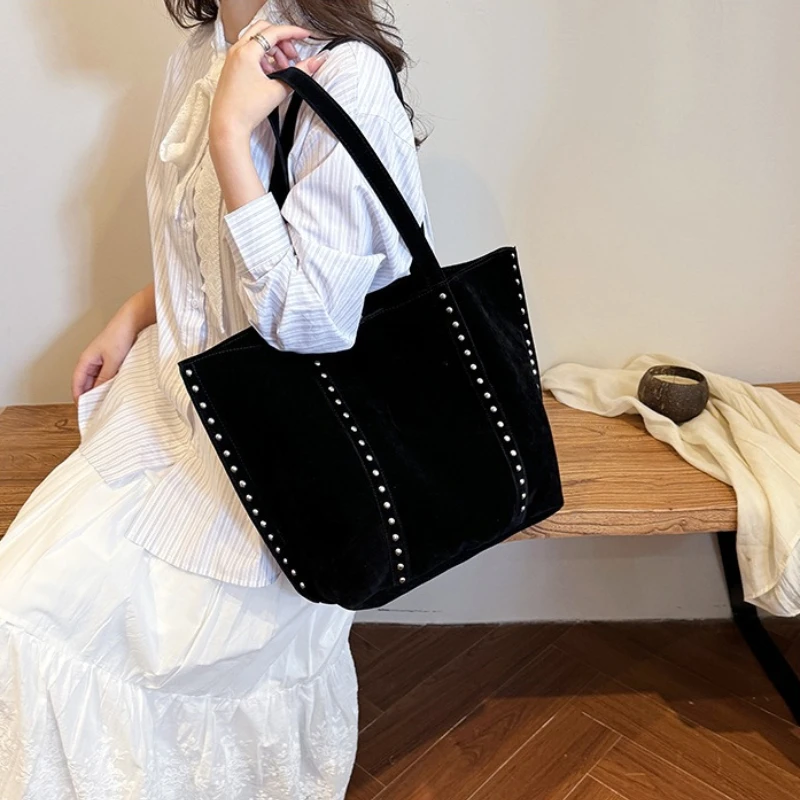 Trendy Large Capacity Suede ToteS BagS with Stud Accents Soft Texture Handbag for Everyday Commute Shoulder Purse Casual Carry