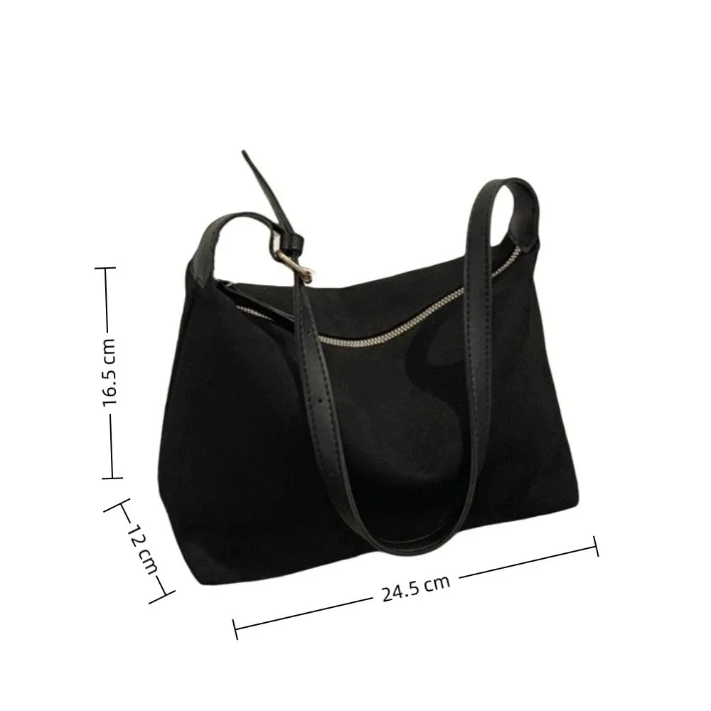 Boston Style Large Capacity Shoulder Bag Suede Adjustable Strap Tote Bag Zipper Crossbody Bag Commuting