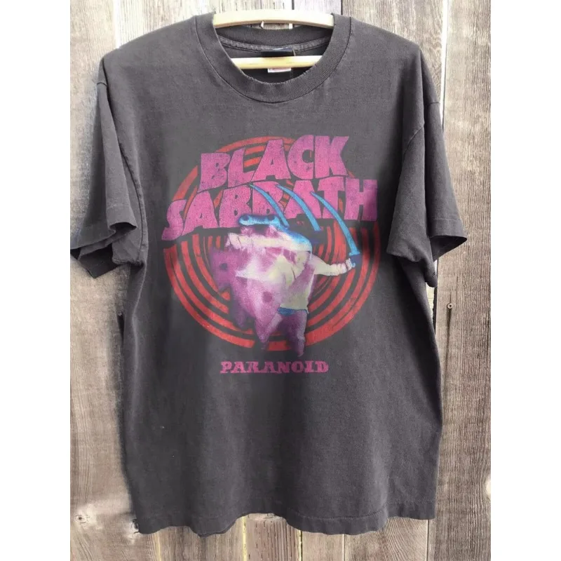 Neutral cotton breathable T-shirt men's round neck streetwear oversized short sleeved men's summer retro black Sabbath T-shirt