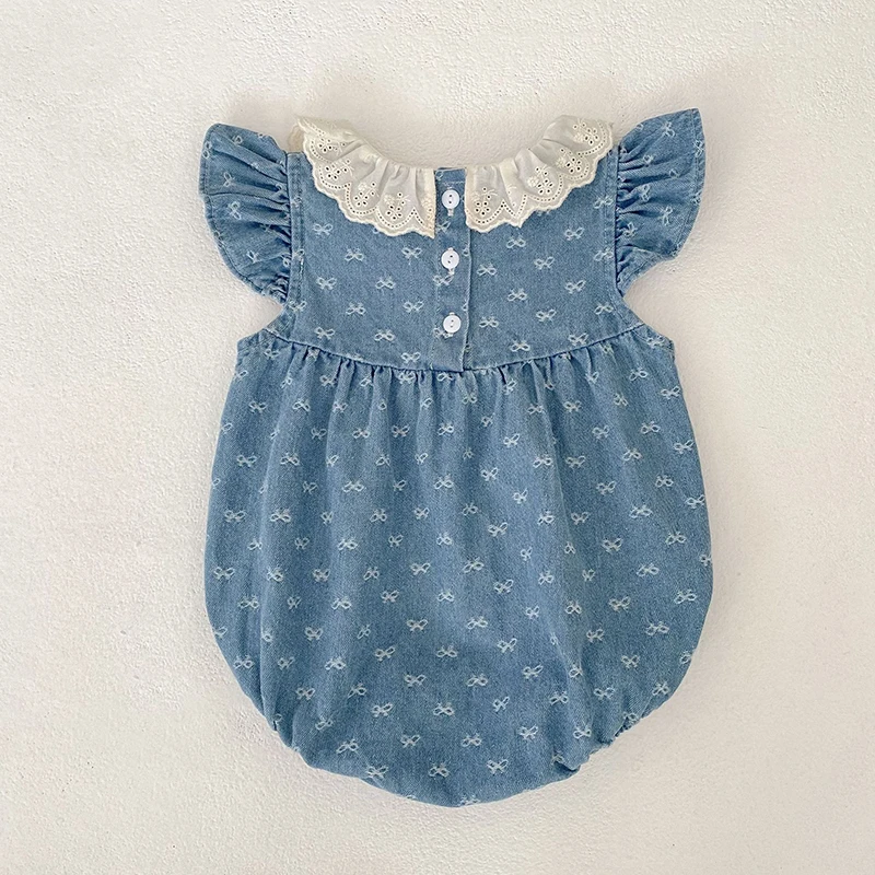 2026 Summer Newborn Baby Girl Clothing Baby Girl Denim Romper 0-24M Cotton Bow Print Baby Girl Flutter Sleeve Jumpsuit