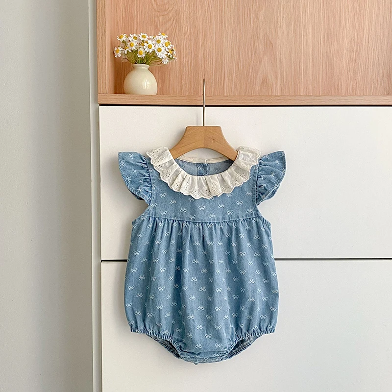 2026 Summer Newborn Baby Girl Clothing Baby Girl Denim Romper 0-24M Cotton Bow Print Baby Girl Flutter Sleeve Jumpsuit