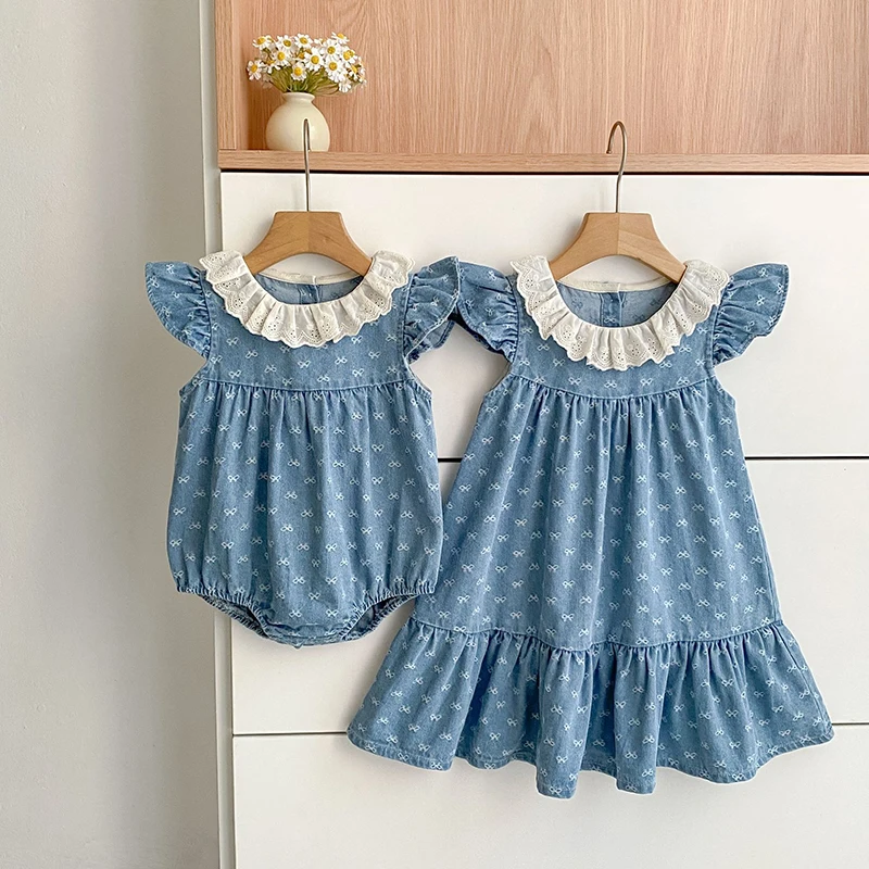 2026 Summer Newborn Baby Girl Clothing Baby Girl Denim Romper 0-24M Cotton Bow Print Baby Girl Flutter Sleeve Jumpsuit