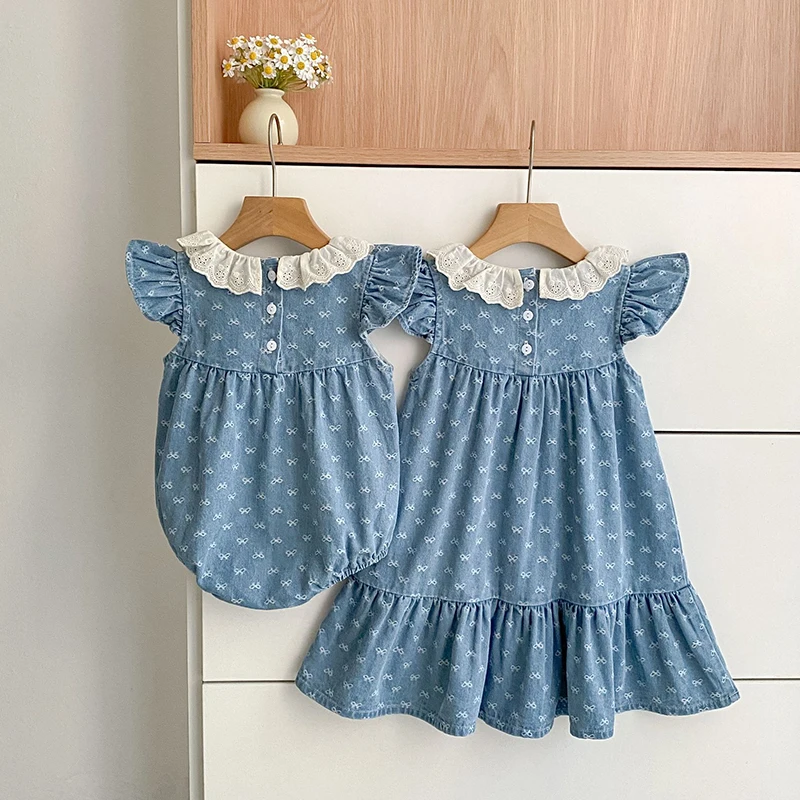 2026 Summer Newborn Baby Girl Clothing Baby Girl Denim Romper 0-24M Cotton Bow Print Baby Girl Flutter Sleeve Jumpsuit