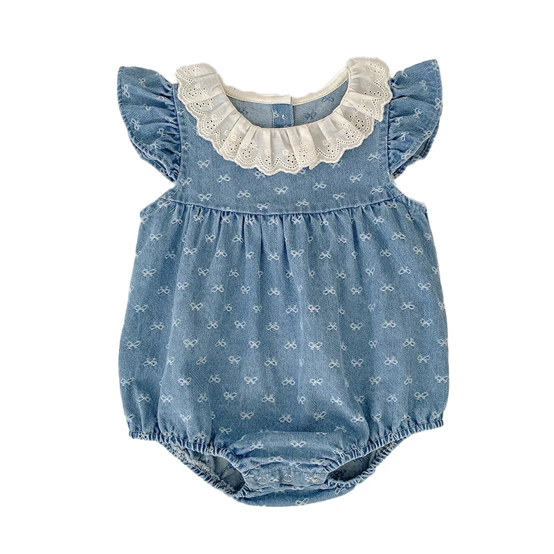 2026 Summer Newborn Baby Girl Clothing Baby Girl Denim Romper 0-24M Cotton Bow Print Baby Girl Flutter Sleeve Jumpsuit