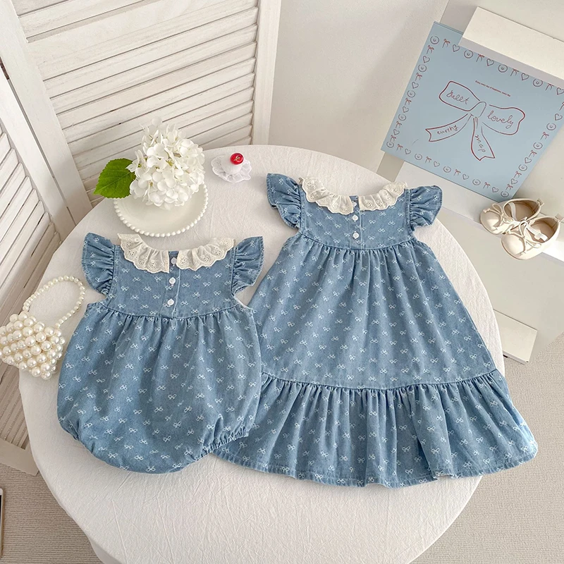 2026 Summer Newborn Baby Girl Clothing Baby Girl Denim Romper 0-24M Cotton Bow Print Baby Girl Flutter Sleeve Jumpsuit