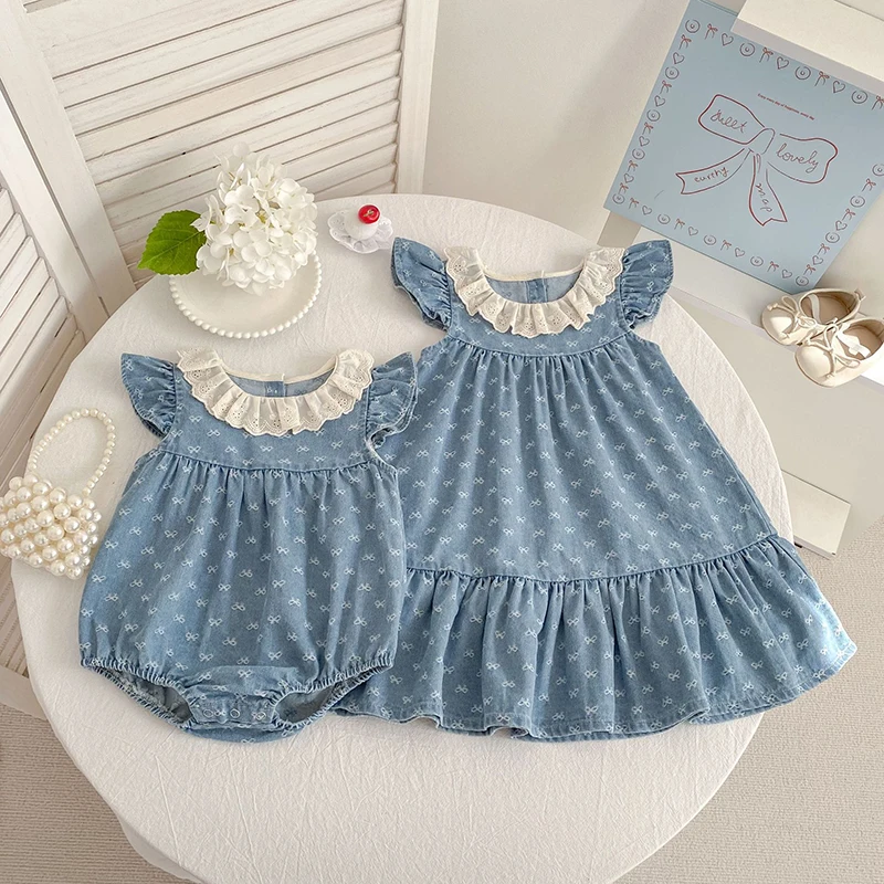 2026 Summer Newborn Baby Girl Clothing Baby Girl Denim Romper 0-24M Cotton Bow Print Baby Girl Flutter Sleeve Jumpsuit