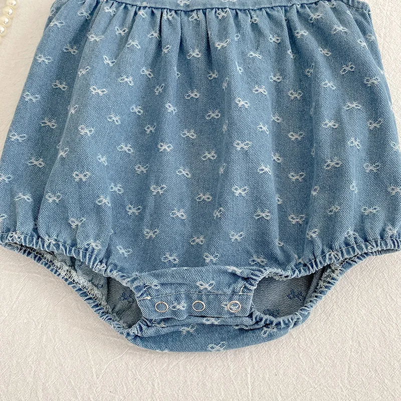 2026 Summer Newborn Baby Girl Clothing Baby Girl Denim Romper 0-24M Cotton Bow Print Baby Girl Flutter Sleeve Jumpsuit
