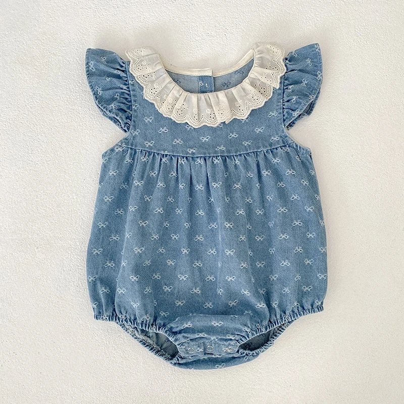 2026 Summer Newborn Baby Girl Clothing Baby Girl Denim Romper 0-24M Cotton Bow Print Baby Girl Flutter Sleeve Jumpsuit