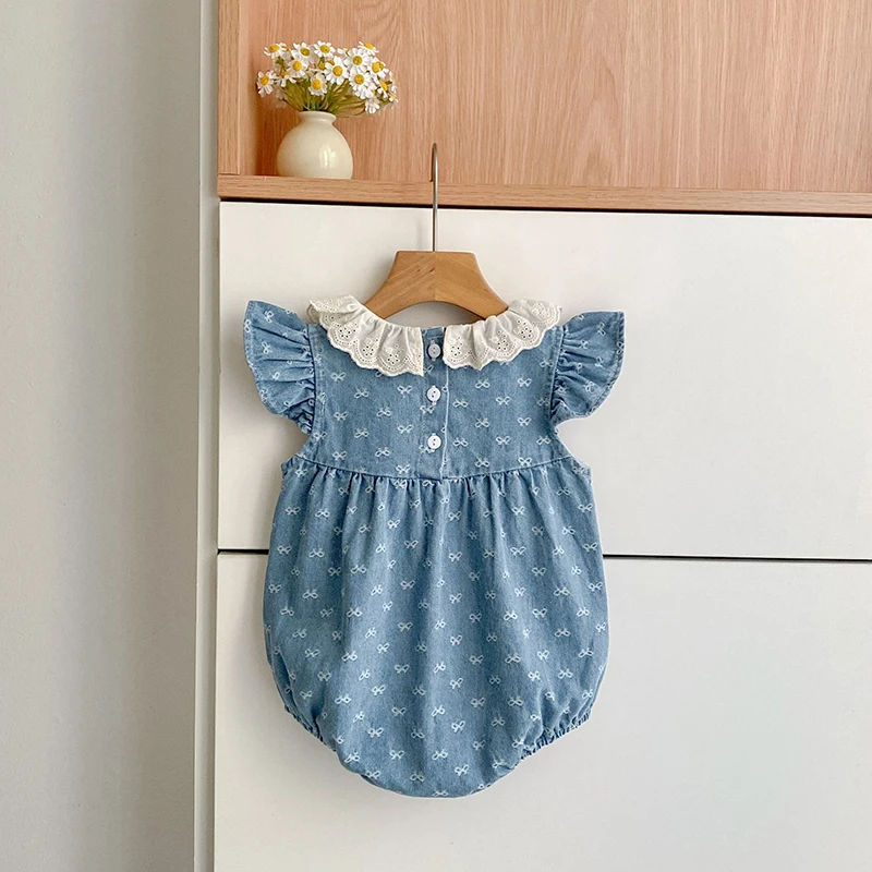 2026 Summer Newborn Baby Girl Clothing Baby Girl Denim Romper 0-24M Cotton Bow Print Baby Girl Flutter Sleeve Jumpsuit
