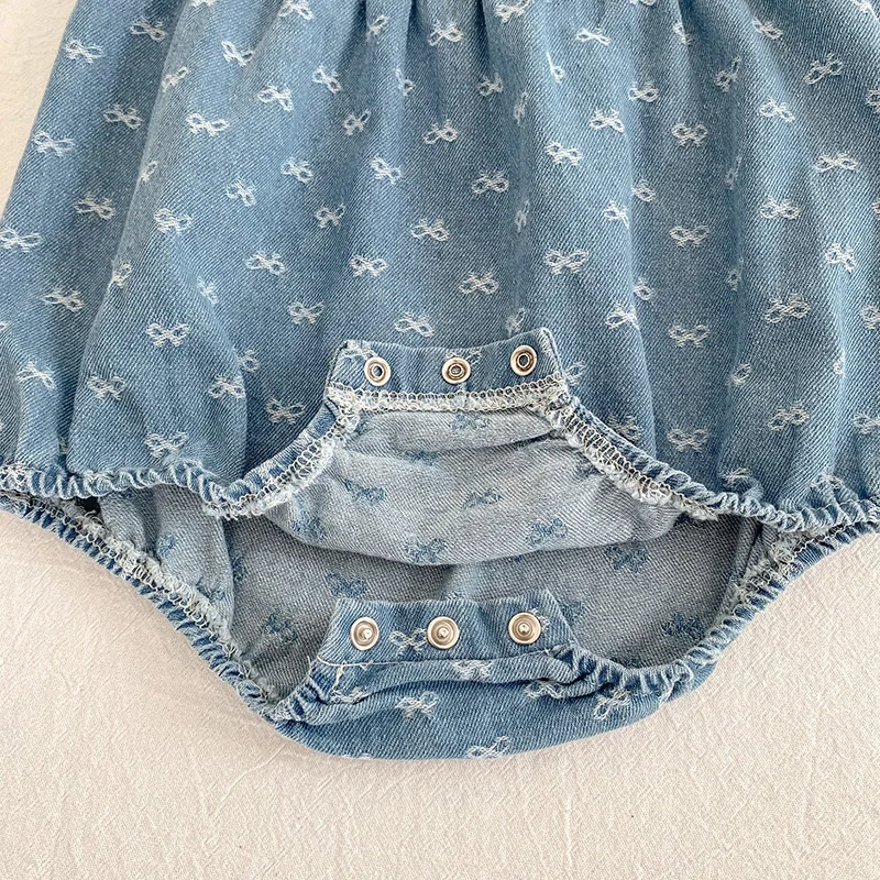 2026 Summer Newborn Baby Girl Clothing Baby Girl Denim Romper 0-24M Cotton Bow Print Baby Girl Flutter Sleeve Jumpsuit