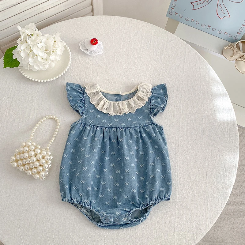 2026 Summer Newborn Baby Girl Clothing Baby Girl Denim Romper 0-24M Cotton Bow Print Baby Girl Flutter Sleeve Jumpsuit