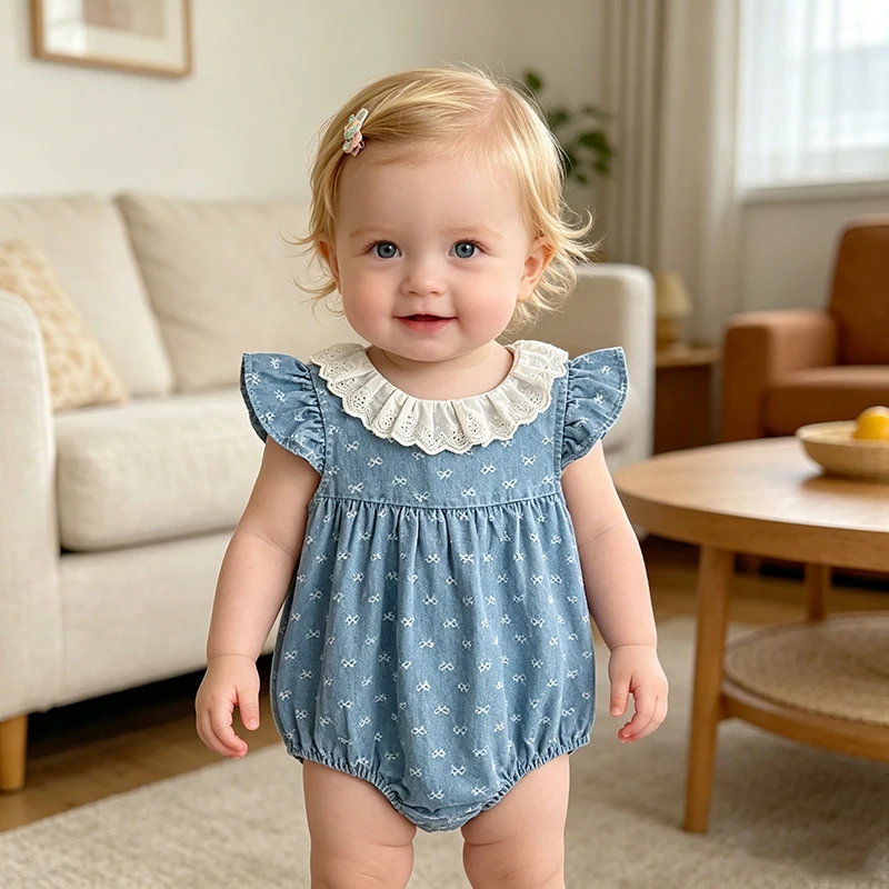 2026 Summer Newborn Baby Girl Clothing Baby Girl Denim Romper 0-24M Cotton Bow Print Baby Girl Flutter Sleeve Jumpsuit