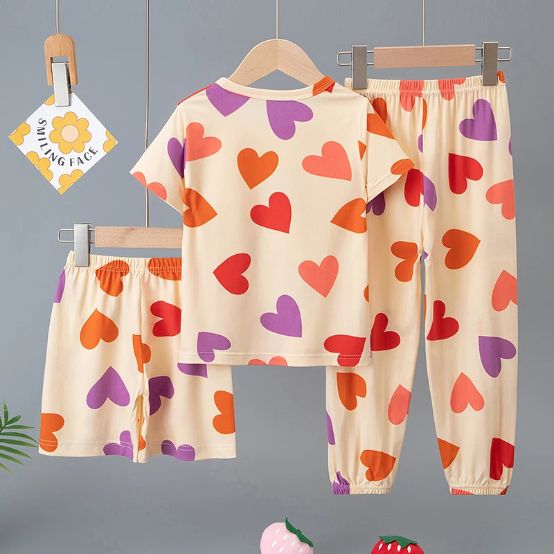 3-Piece Set of Children's Summer Short-Sleeved Shorts and Pants Combination for Boys and Girls Colorful Casual Printed Cute Suit