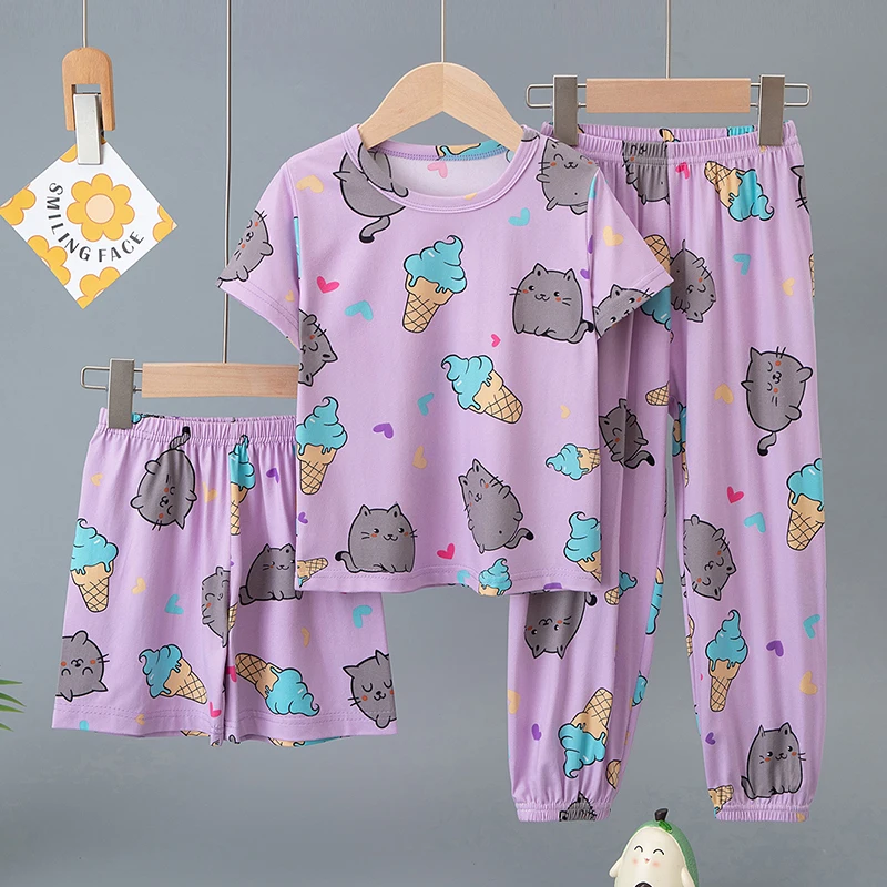 3-Piece Set of Children's Summer Short-Sleeved Shorts and Pants Combination for Boys and Girls Colorful Casual Printed Cute Suit